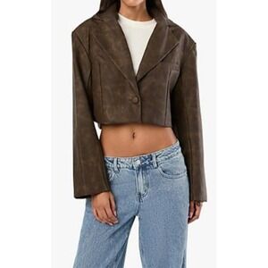 WEWOREWHAT Patina Cropped Blazer Brown Faux Leather Bomber Jacket Women's Medium